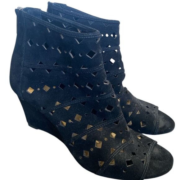 Michael Kors Uma Wedges Open Toe Ankle Boots Black Suede Back Zipper Size 8.5 - Picture 1 of 6